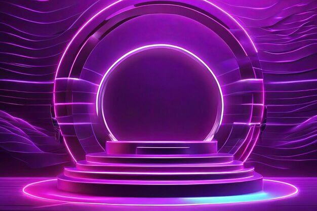 Purple podium with line neon ring on background and neon wave line lasers around