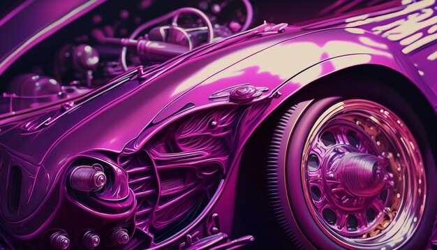 A purple poster of a car with the word harley on it.