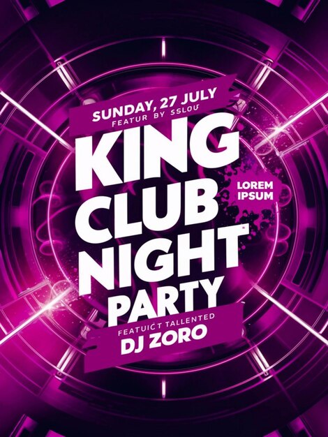 a purple poster for a club that says  king club party