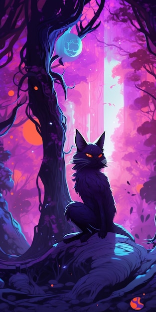 A purple poster with a black cat sitting on a rock in the forest.