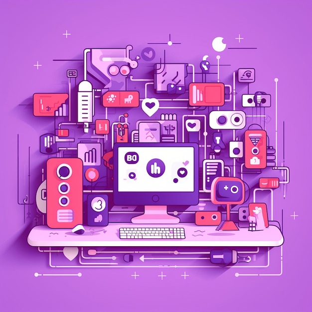 a purple poster with a picture of a computer with the word " i love " on it.