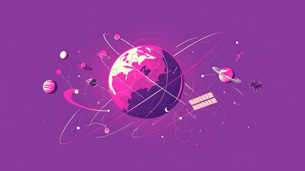 a purple poster with a space ship and a space shuttle on it