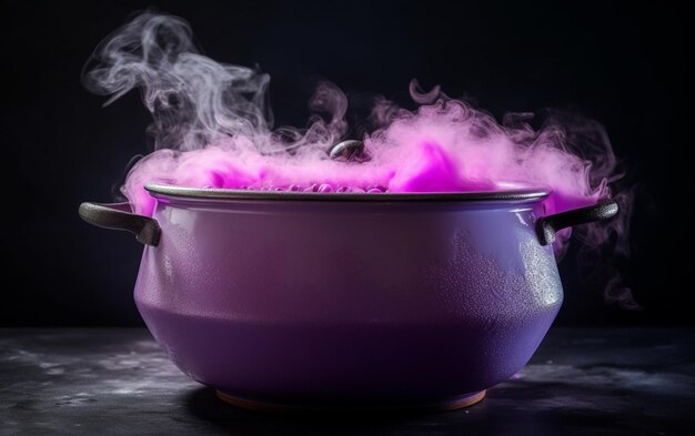 Photo a purple pot with purple smoke coming out of it.