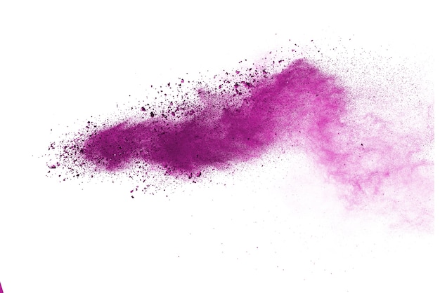 Purple powder explosion isolated on white background.