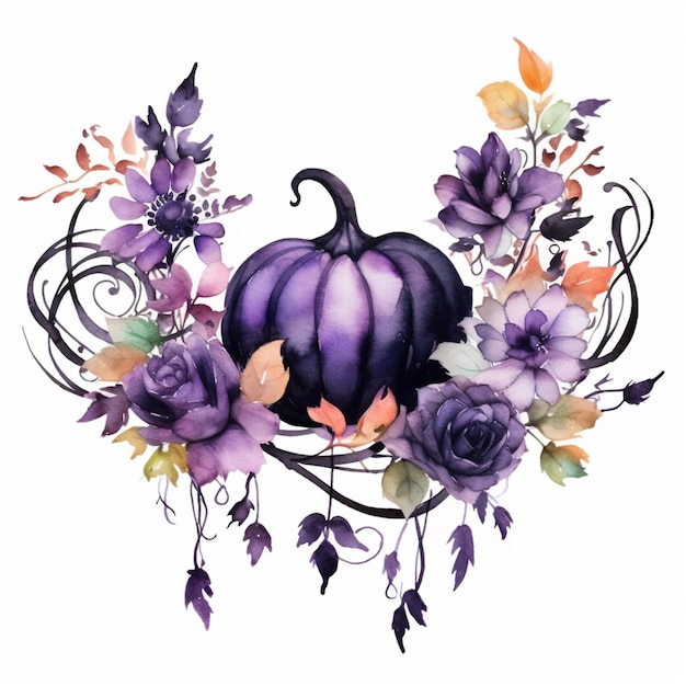 Purple pumpkin and flowers with leaves and vines on a white background generative ai