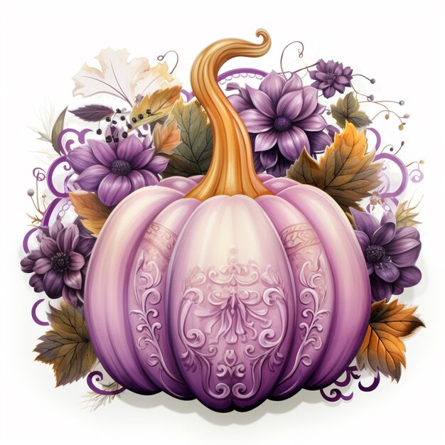 purple pumpkin with ornate design surrounded by flowers and leaves generative ai