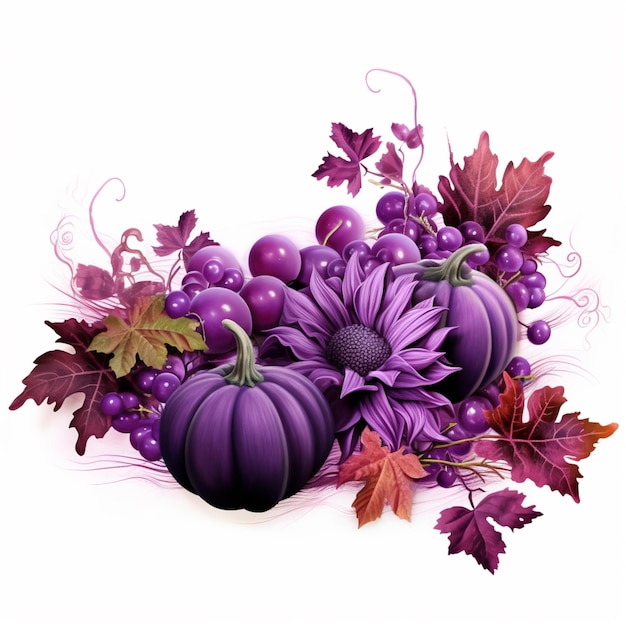 purple pumpkins and purple flowers are on a white surface generative ai