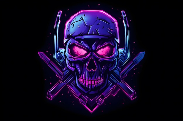 Purple punk cyber human skull with weapon Neural network AI generated