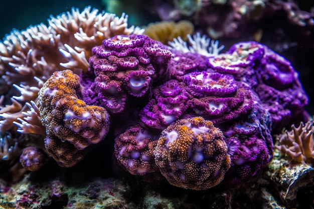 Purple and purple corals are on the bottom of a reef.