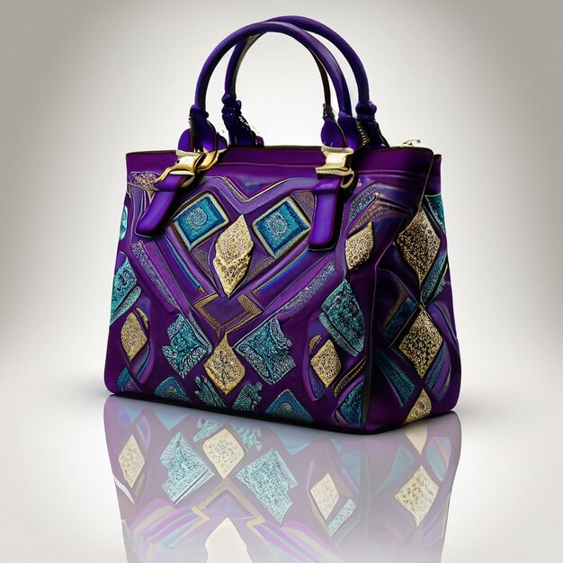 A purple and purple handbag with a gold design on the front