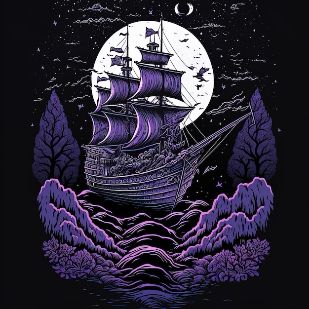 a purple and purple ship with a purple moon on the top.