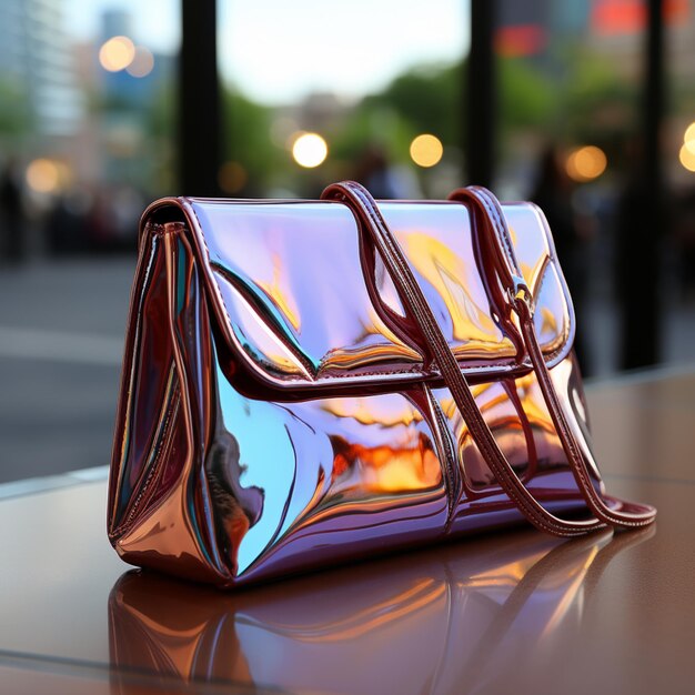 purple purse on a table with a city view in the background generative ai