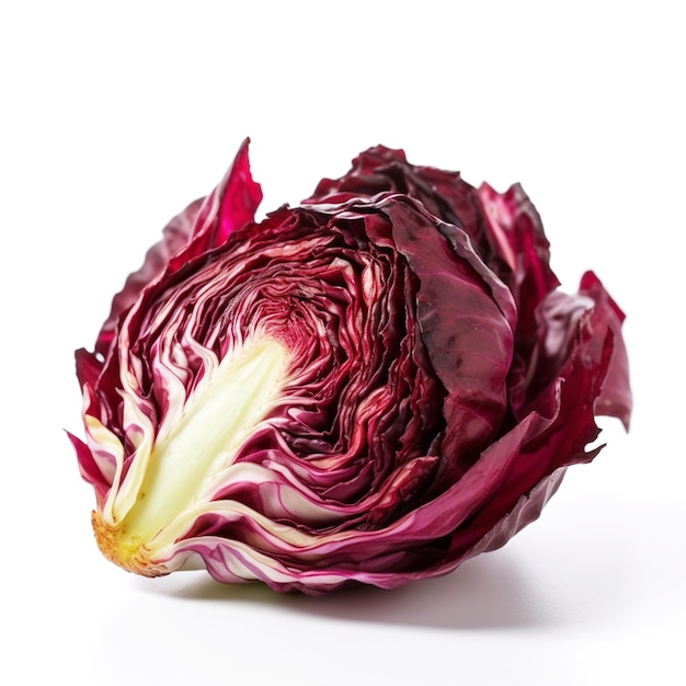A purple and red cabbage is laying on a white background.