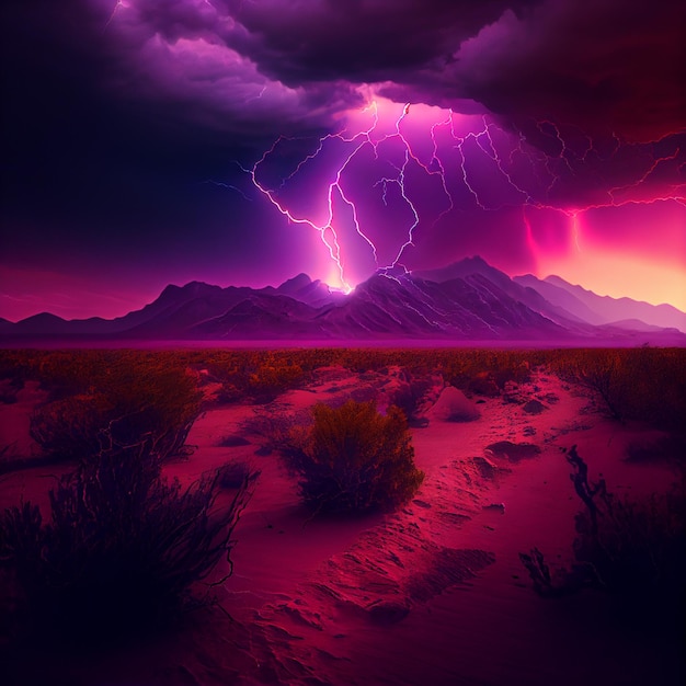 山のある砂漠の風景の上に紫と赤の稲妻が生成される AI