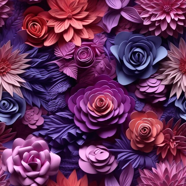 Фиолетовые и красные бумажные цветы расположены в генеративном рисунке.