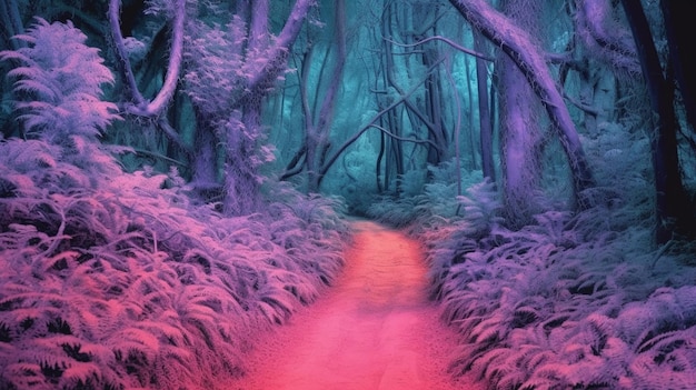 Purple and red photograph of a path in a forest with tall trees generative ai