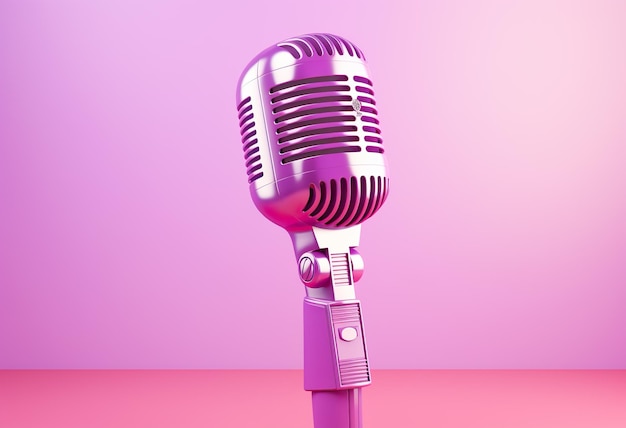 Purple retro microphone on pink background