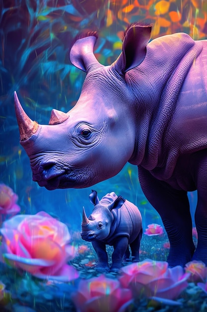 A purple rhino and a baby rhino with a pink flower.