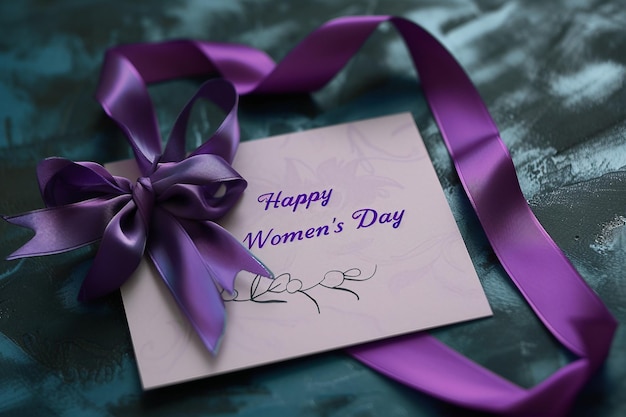 Фиолетовая лента и карточка с текстом "День счастливых женщин" на фиолетовом фоне
