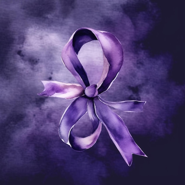 a purple ribbon with a bow on it is shown in a black background.