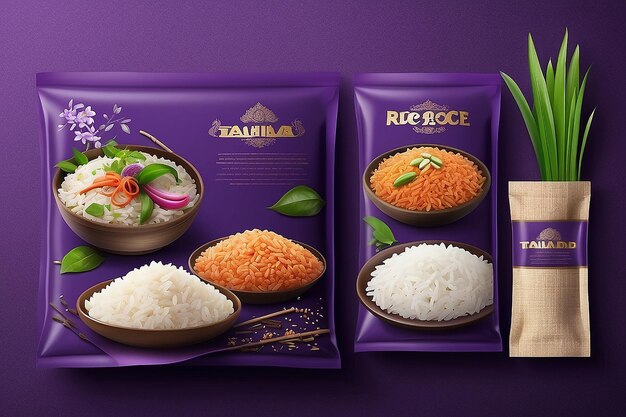 фиолетовый пакет риса Таиланд Еда Логотип Продукция и ткань Фон Тайское искусство