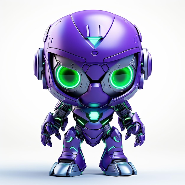 a purple robot with green eyes and a blue eye