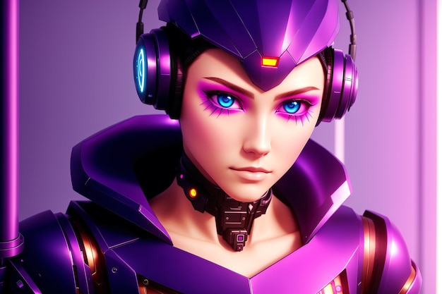 Фиолетовый робот с фиолетовыми глазами и фиолетовой головой.