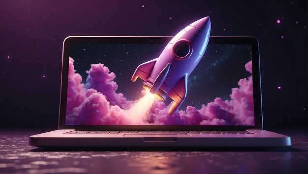 A purple rocket is launching out of a laptop screen