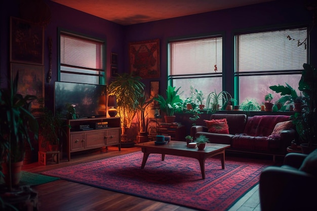 Purple room interior Generative AI