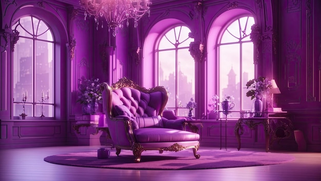 a purple room with a chair and a mirror