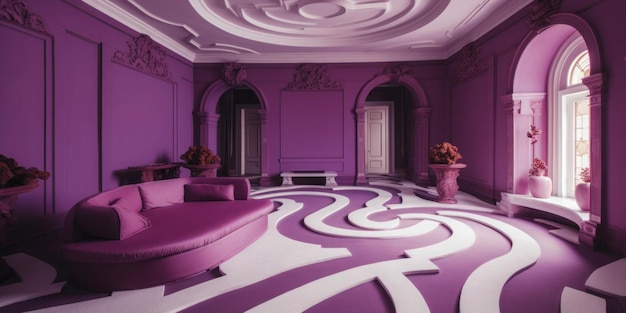 A purple room with a couch and a couch in it