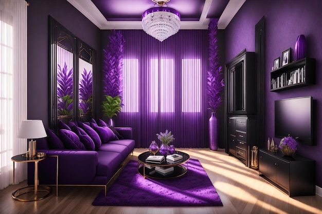 A purple room with a couch and a table with a lamp on it.