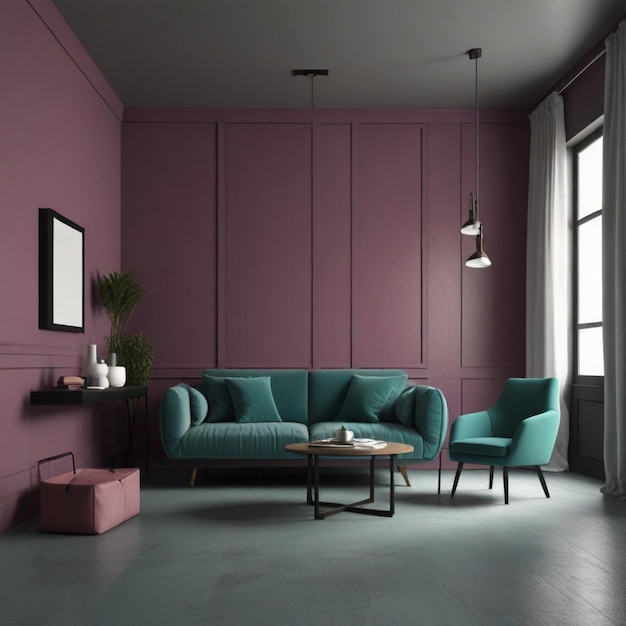 a purple room with a couch and a table with a lamp on it