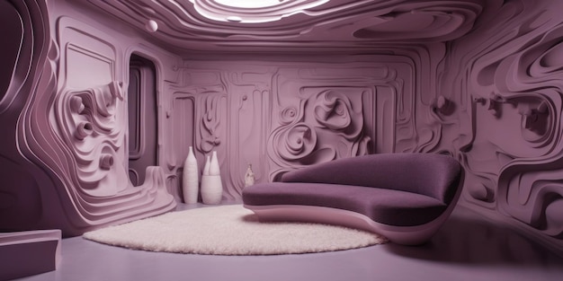 A purple room with a couch and a vase on the floor.