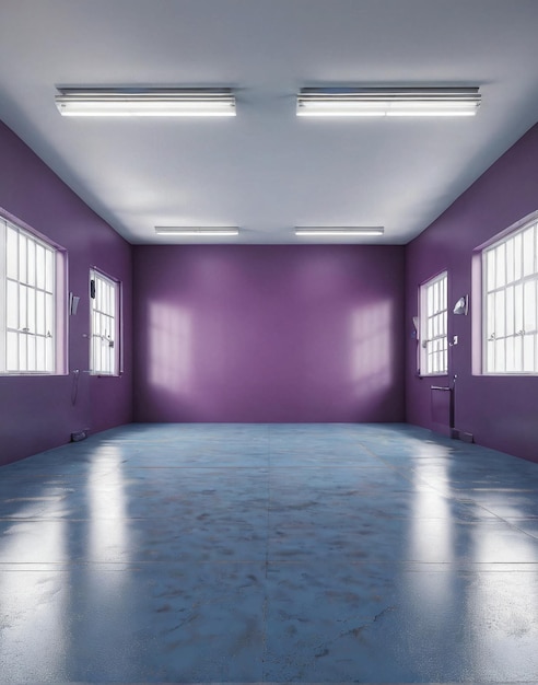 Foto una stanza viola con una grande finestra e una parete bianca