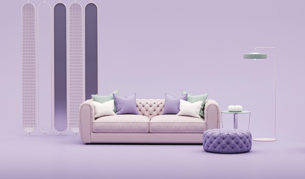 A purple room with a purple couch and a lamp