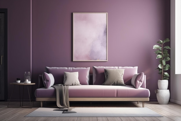 A purple room with a purple sofa and a purple wall with a purple background.