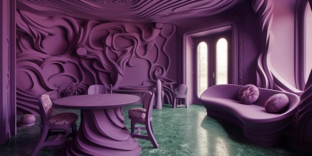 Фиолетовая комната с круглым столом и фиолетовой стеной.