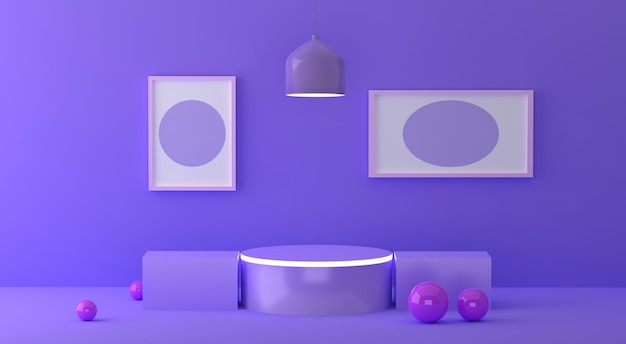 A purple room with a round table and two pictures on the wall.