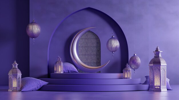 Photo a purple room with a round window and a moon in the background