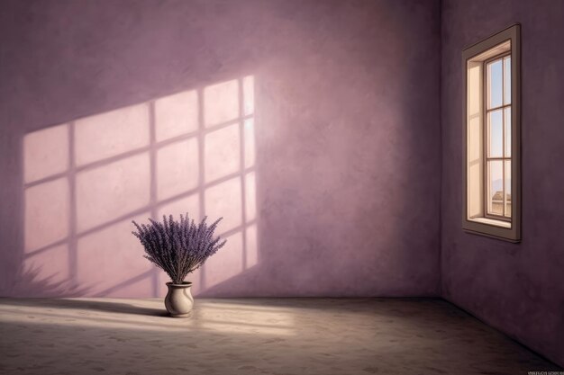 A purple room with a vase of lavender in it and a window with the sun shining through it.