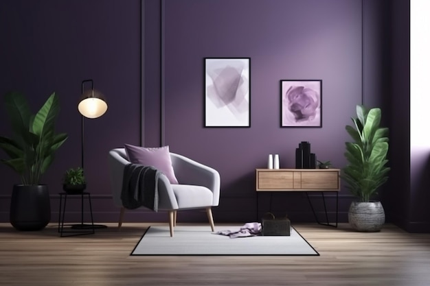 A purple room with a white chair and a wooden table with a plant on it.