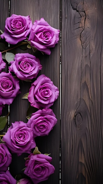 Purple rose composition on wooden tabletop