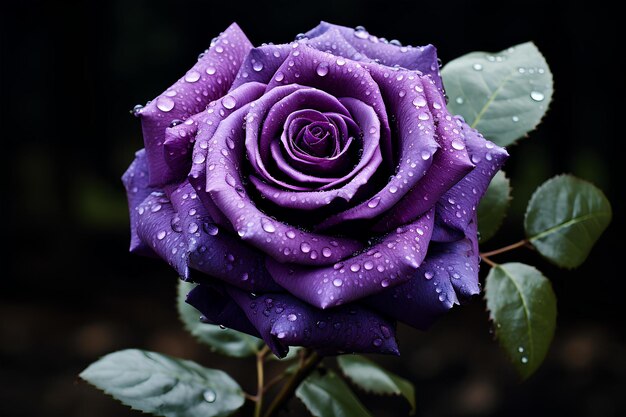 暗い背景に雨滴を持つ紫のバラの花