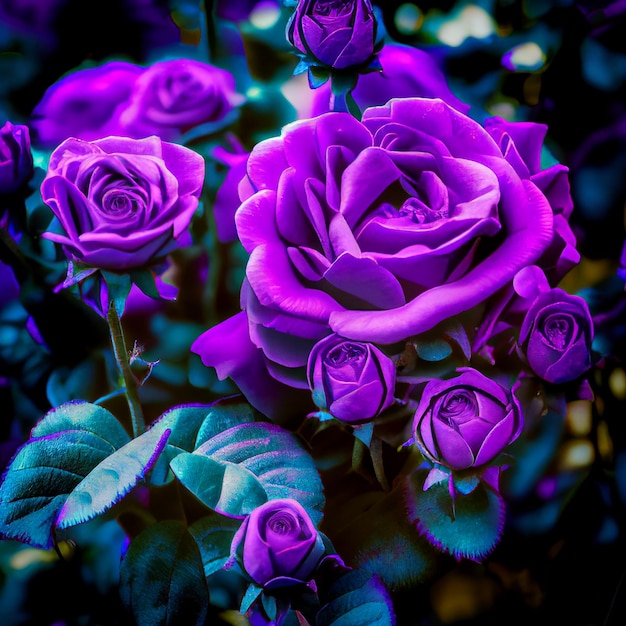 A purple rose is in a bush with the word " on it.