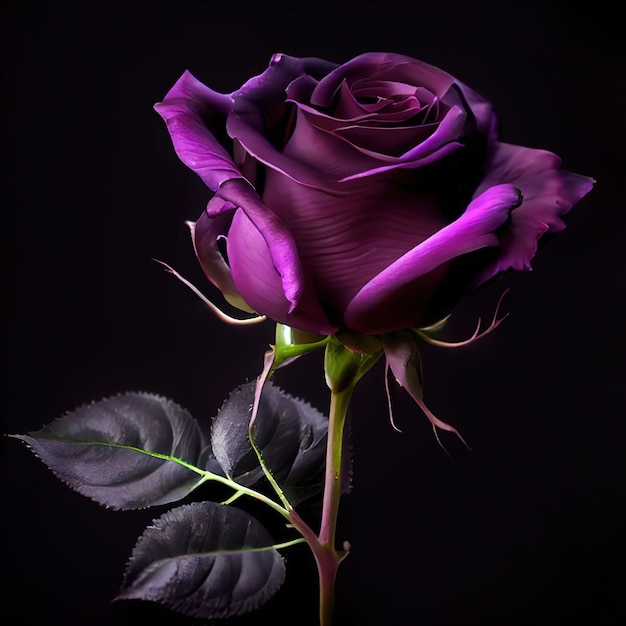 A purple rose is in front of a black background.