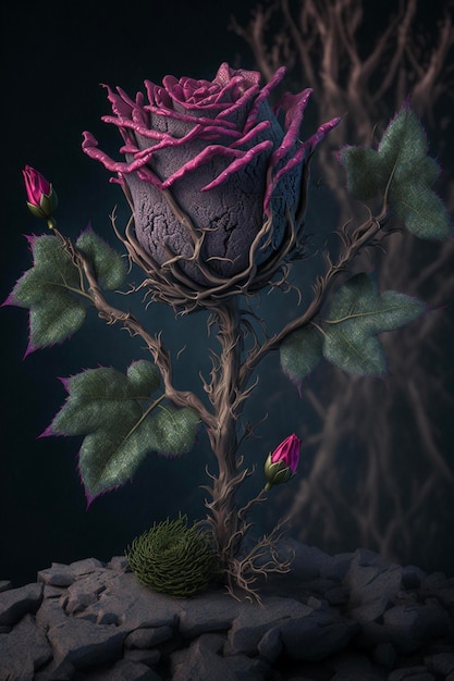 Purple rose sitting on top of a pile of rocks generative ai