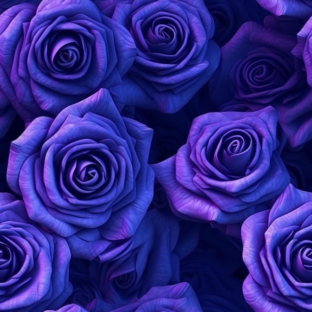 Purple roses are arranged in a pattern on a black background generative ai