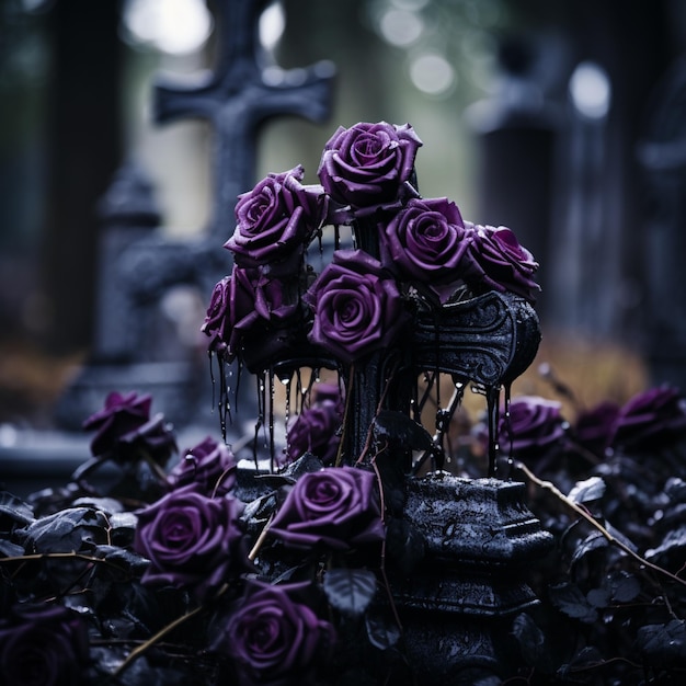 Photo purple roses are dripping from a black vase in a cemetery generative ai