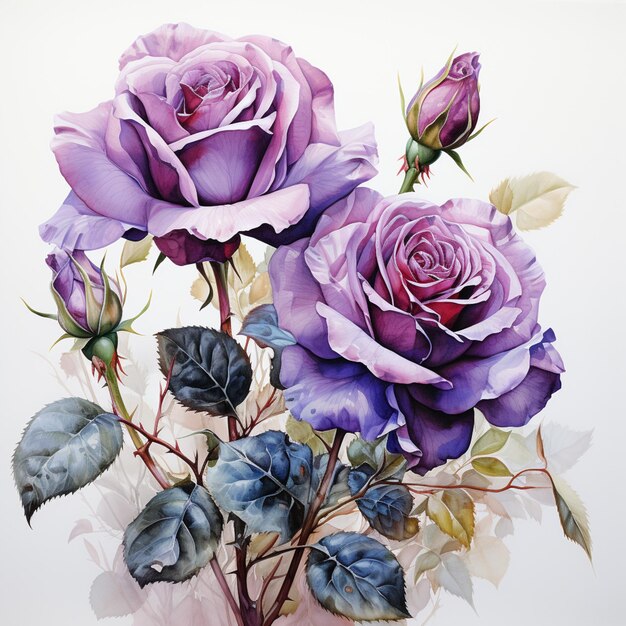 Purple roses are in a vase with green leaves on a white background generative ai